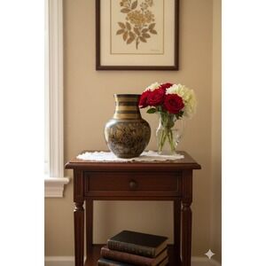 Solid Brass Vase/Urn Made In India Vintage Engraved Floral Etchings Ringed Neck